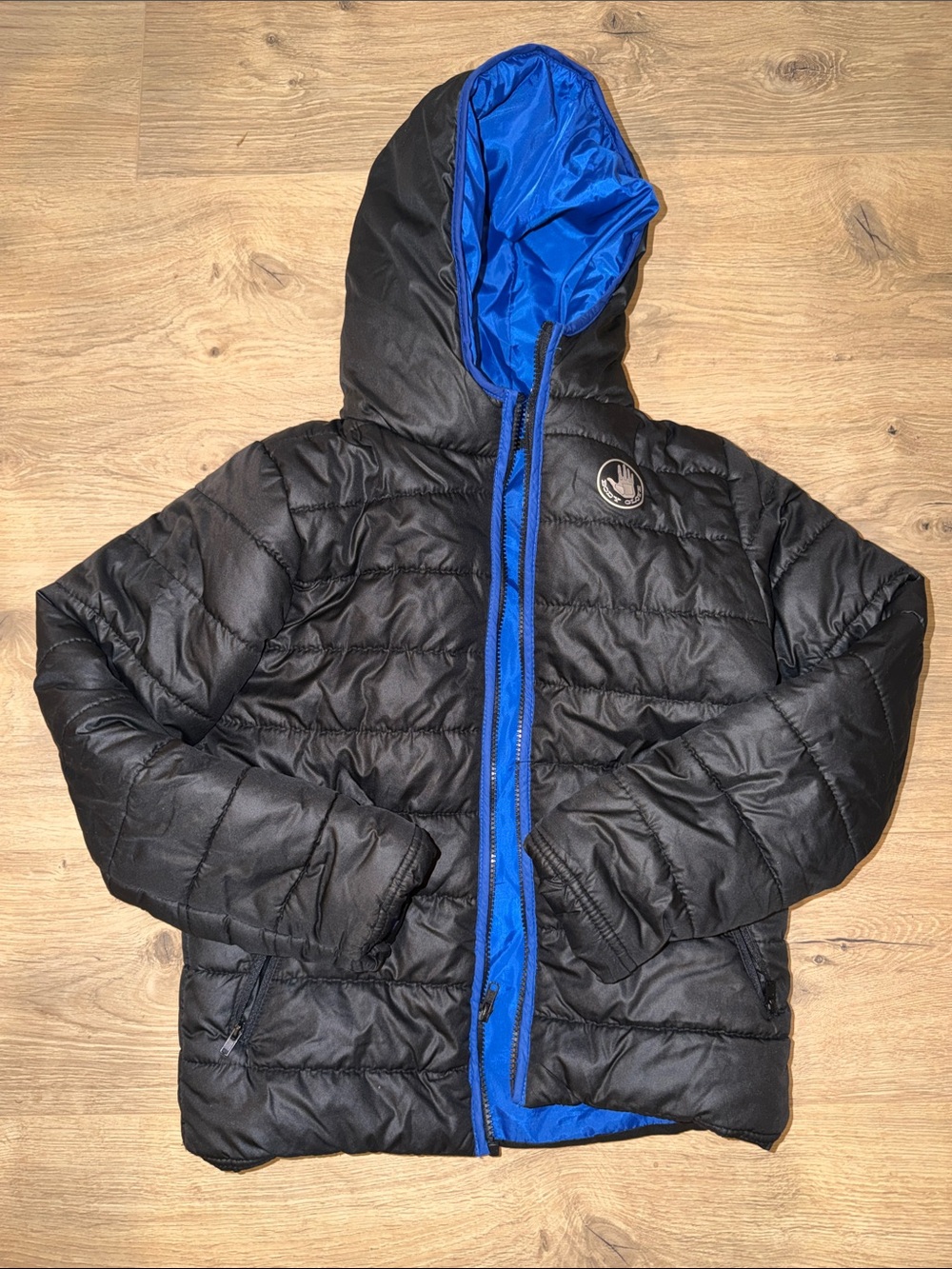 Kids Black Puffer Jacket with Blue Lining - Hooded Winter Coat